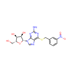 Nc1nc(SCc2cccc([N+](=O)[O-])c2)c2ncn([C@@H]3O[C@H](CO)[C@@H](O)[C@H]3O)c2n1 ZINC000029058690