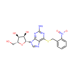 Nc1nc(SCc2ccccc2[N+](=O)[O-])c2ncn([C@@H]3O[C@H](CO)[C@@H](O)[C@H]3O)c2n1 ZINC000029058822