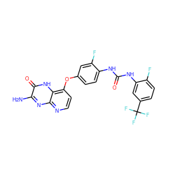 Nc1nc2nccc(Oc3ccc(NC(=O)Nc4cc(C(F)(F)F)ccc4F)c(F)c3)c2[nH]c1=O ZINC000058540785