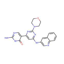 Nc1ncc(-c2cc(Nc3cnc4ccccc4c3)nc(N3CCOCC3)n2)c(=O)[nH]1 ZINC000084634941