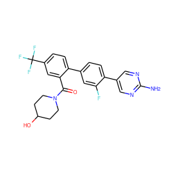 Nc1ncc(-c2ccc(-c3ccc(C(F)(F)F)cc3C(=O)N3CCC(O)CC3)cc2F)cn1 ZINC000224781339