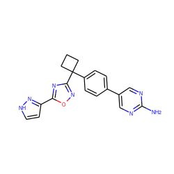 Nc1ncc(-c2ccc(C3(c4noc(-c5cc[nH]n5)n4)CCC3)cc2)cn1 ZINC000149883222