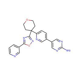 Nc1ncc(-c2ccc(C3(c4noc(-c5cccnc5)n4)CCOCC3)nc2)cn1 ZINC000096175542