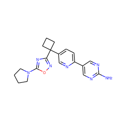Nc1ncc(-c2ccc(C3(c4noc(N5CCCC5)n4)CCC3)cn2)cn1 ZINC000096175481