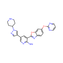 Nc1ncc(-c2cnn(C3CCNCC3)c2)cc1-c1nc2ccc(Oc3ncccn3)cc2o1 ZINC000084655061