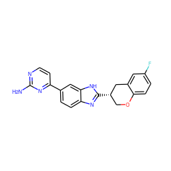 Nc1nccc(-c2ccc3nc([C@H]4COc5ccc(F)cc5C4)[nH]c3c2)n1 ZINC000040873922