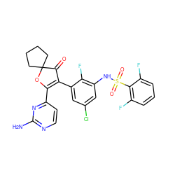 Nc1nccc(C2=C(c3cc(Cl)cc(NS(=O)(=O)c4c(F)cccc4F)c3F)C(=O)C3(CCCC3)O2)n1 ZINC000220320240