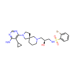 Nc1ncnc(N2CC[C@@]3(CCCN(C[C@H](O)CNS(=O)(=O)c4ccccc4Br)C3)C2)c1C1CC1 ZINC000071318537