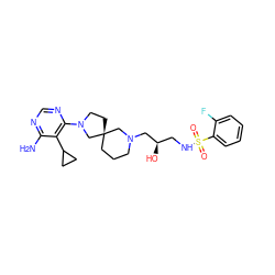 Nc1ncnc(N2CC[C@@]3(CCCN(C[C@H](O)CNS(=O)(=O)c4ccccc4F)C3)C2)c1C1CC1 ZINC000071317050