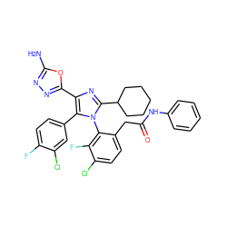 Nc1nnc(-c2nc(C3CCCCC3)n(-c3c(CC(=O)Nc4ccccc4)ccc(Cl)c3F)c2-c2ccc(F)c(Cl)c2)o1 ZINC000147770927