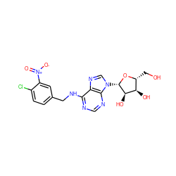 O=[N+]([O-])c1cc(CNc2ncnc3c2ncn3[C@@H]2O[C@H](CO)[C@@H](O)[C@H]2O)ccc1Cl ZINC000029057406