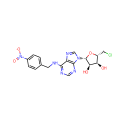 O=[N+]([O-])c1ccc(CNc2ncnc3c2ncn3[C@@H]2O[C@H](CCl)[C@@H](O)[C@H]2O)cc1 ZINC000029059094