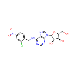 O=[N+]([O-])c1ccc(CNc2ncnc3c2ncn3[C@@H]2O[C@H](CO)[C@@H](O)[C@H]2O)c(Cl)c1 ZINC000029058005