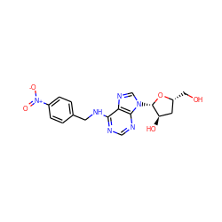 O=[N+]([O-])c1ccc(CNc2ncnc3c2ncn3[C@@H]2O[C@H](CO)C[C@H]2O)cc1 ZINC000029057538