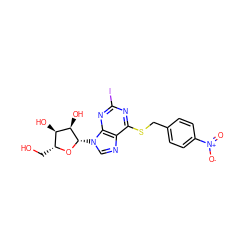 O=[N+]([O-])c1ccc(CSc2nc(I)nc3c2ncn3[C@@H]2O[C@H](CO)[C@@H](O)[C@H]2O)cc1 ZINC000028875797