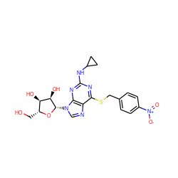 O=[N+]([O-])c1ccc(CSc2nc(NC3CC3)nc3c2ncn3[C@@H]2O[C@H](CO)[C@@H](O)[C@H]2O)cc1 ZINC000028875730