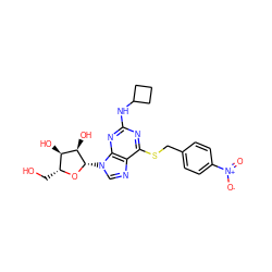 O=[N+]([O-])c1ccc(CSc2nc(NC3CCC3)nc3c2ncn3[C@@H]2O[C@H](CO)[C@@H](O)[C@H]2O)cc1 ZINC000028875740