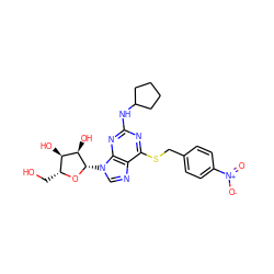 O=[N+]([O-])c1ccc(CSc2nc(NC3CCCC3)nc3c2ncn3[C@@H]2O[C@H](CO)[C@@H](O)[C@H]2O)cc1 ZINC000028875748