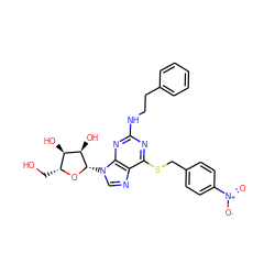 O=[N+]([O-])c1ccc(CSc2nc(NCCc3ccccc3)nc3c2ncn3[C@@H]2O[C@H](CO)[C@@H](O)[C@H]2O)cc1 ZINC000028875764