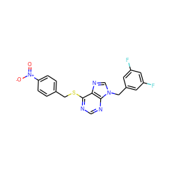 O=[N+]([O-])c1ccc(CSc2ncnc3c2ncn3Cc2cc(F)cc(F)c2)cc1 ZINC000013584405