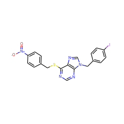 O=[N+]([O-])c1ccc(CSc2ncnc3c2ncn3Cc2ccc(I)cc2)cc1 ZINC000013584424