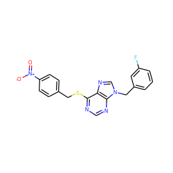 O=[N+]([O-])c1ccc(CSc2ncnc3c2ncn3Cc2cccc(F)c2)cc1 ZINC000013584389