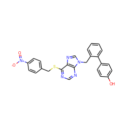O=[N+]([O-])c1ccc(CSc2ncnc3c2ncn3Cc2ccccc2-c2ccc(O)cc2)cc1 ZINC000013584481