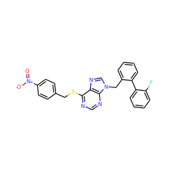 O=[N+]([O-])c1ccc(CSc2ncnc3c2ncn3Cc2ccccc2-c2ccccc2F)cc1 ZINC000013584458
