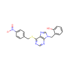 O=[N+]([O-])c1ccc(CSc2ncnc3c2ncn3Cc2ccccc2O)cc1 ZINC000013584452