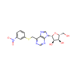 O=[N+]([O-])c1cccc(SCc2ncnc3c2ncn3[C@@H]2O[C@H](CO)[C@@H](O)[C@H]2O)c1 ZINC000029058932