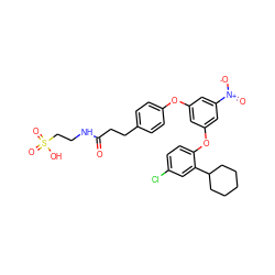 O=C(CCc1ccc(Oc2cc(Oc3ccc(Cl)cc3C3CCCCC3)cc([N+](=O)[O-])c2)cc1)NCCS(=O)(=O)O ZINC000095605824