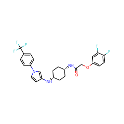 O=C(COc1ccc(F)c(F)c1)N[C@H]1CC[C@@H](Nc2ccn(-c3ccc(C(F)(F)F)cc3)c2)CC1 ZINC000253632877