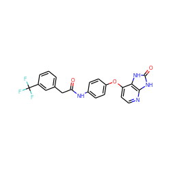 O=C(Cc1cccc(C(F)(F)F)c1)Nc1ccc(Oc2ccnc3[nH]c(=O)[nH]c23)cc1 ZINC000040845256