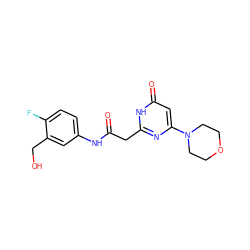 O=C(Cc1nc(N2CCOCC2)cc(=O)[nH]1)Nc1ccc(F)c(CO)c1 ZINC000115074291