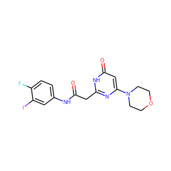 O=C(Cc1nc(N2CCOCC2)cc(=O)[nH]1)Nc1ccc(F)c(I)c1 ZINC000068248347