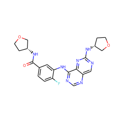 O=C(N[C@@H]1CCOC1)c1ccc(F)c(Nc2ncnc3cnc(N[C@@H]4CCOC4)nc23)c1 ZINC000148268948