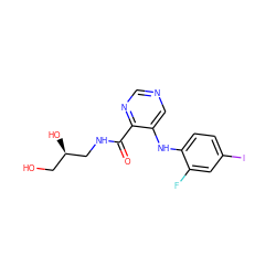 O=C(NC[C@H](O)CO)c1ncncc1Nc1ccc(I)cc1F ZINC000169337210