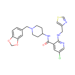 O=C(NC1CCN(Cc2ccc3c(c2)OCO3)CC1)c1cc(Cl)cnc1NCc1cscn1 ZINC000028525793