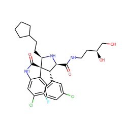 O=C(NCC[C@H](O)CO)[C@@H]1N[C@H](CCC2CCCC2)[C@]2(C(=O)Nc3cc(Cl)c(F)cc32)[C@H]1c1cccc(Cl)c1 ZINC000147189411