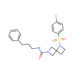 O=C(NCCCc1ccccc1)N1CC2(CCN2S(=O)(=O)c2ccc(Cl)cc2)C1 ZINC000205433099