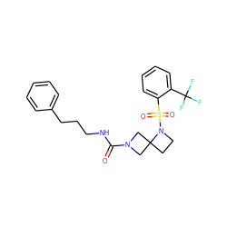 O=C(NCCCc1ccccc1)N1CC2(CCN2S(=O)(=O)c2ccccc2C(F)(F)F)C1 ZINC000205433190