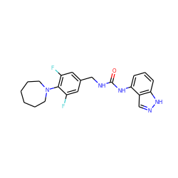 O=C(NCc1cc(F)c(N2CCCCCC2)c(F)c1)Nc1cccc2[nH]ncc12 ZINC000014973521