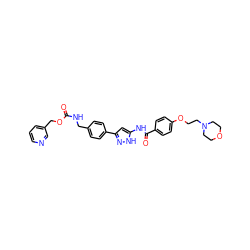 O=C(NCc1ccc(-c2cc(NC(=O)c3ccc(OCCN4CCOCC4)cc3)[nH]n2)cc1)OCc1cccnc1 ZINC000084670456