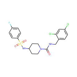 O=C(NCc1ccc(Cl)cc1Cl)N1CCC(NS(=O)(=O)c2ccc(F)cc2)CC1 ZINC000045384244