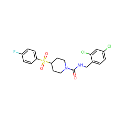 O=C(NCc1ccc(Cl)cc1Cl)N1CCC(S(=O)(=O)c2ccc(F)cc2)CC1 ZINC000045339352