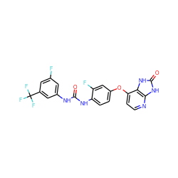 O=C(Nc1cc(F)cc(C(F)(F)F)c1)Nc1ccc(Oc2ccnc3[nH]c(=O)[nH]c23)cc1F ZINC000040976708