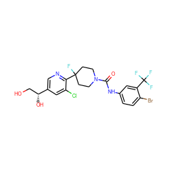 O=C(Nc1ccc(Br)c(C(F)(F)F)c1)N1CCC(F)(c2ncc([C@H](O)CO)cc2Cl)CC1 ZINC000141068513