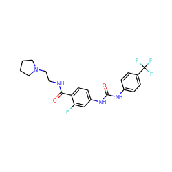 O=C(Nc1ccc(C(F)(F)F)cc1)Nc1ccc(C(=O)NCCN2CCCC2)c(F)c1 ZINC000049052870