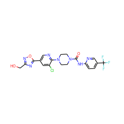 O=C(Nc1ccc(C(F)(F)F)cn1)N1CCN(c2ncc(-c3nc(CO)no3)cc2Cl)CC1 ZINC000149597544
