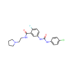 O=C(Nc1ccc(Cl)cc1)Nc1ccc(F)c(C(=O)NCCN2CCCC2)c1 ZINC000049054135